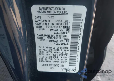 2003 Infiniti Qx4 Luxury from USA, damaged, VIN JNRDR09Y13W301314